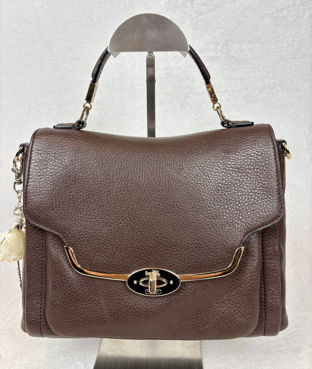 Coach Madison Sadie Flap Satchel in Brown Pebble Leather With Charm